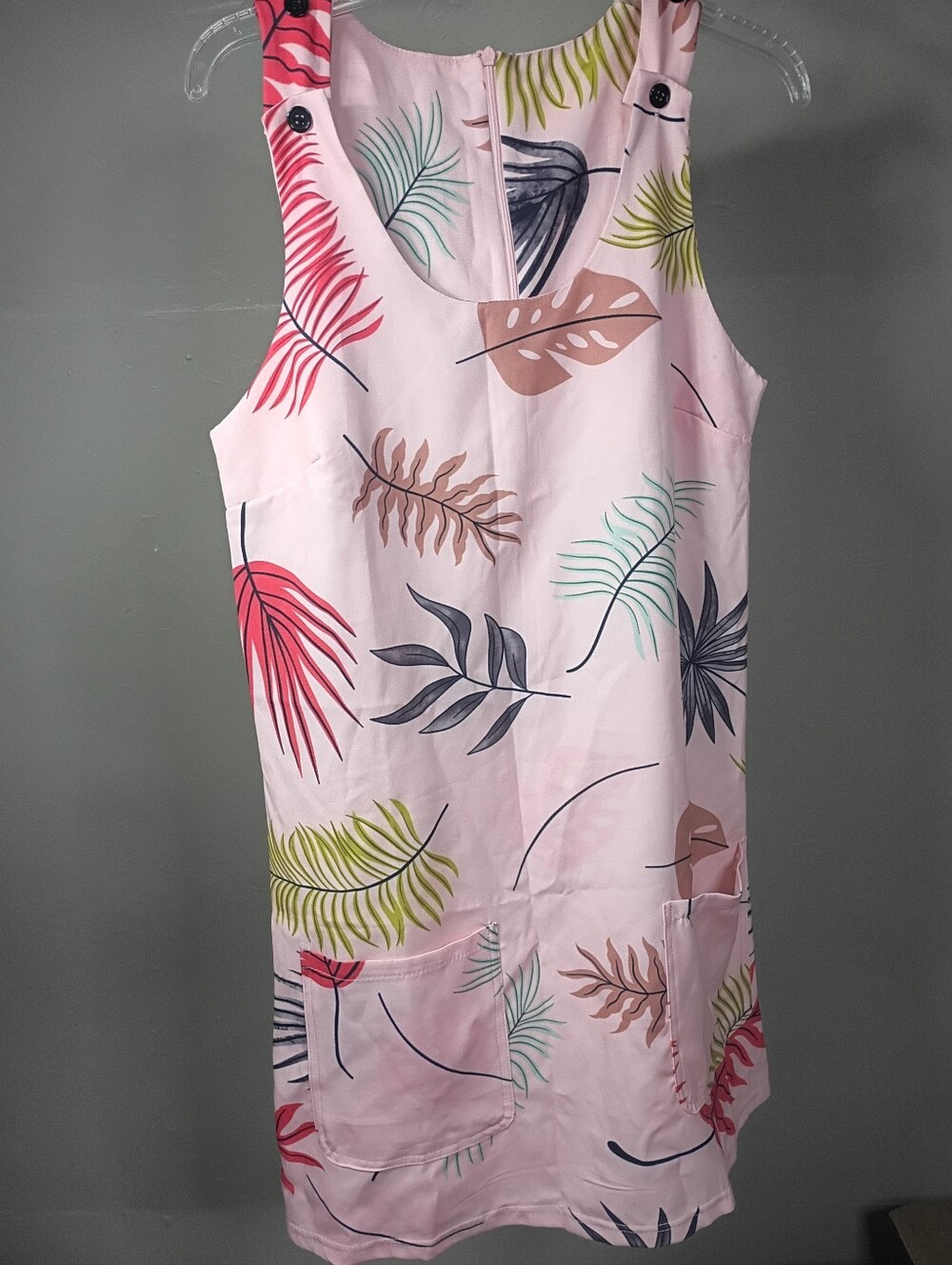 Sleeveless Pink Tropical Leaf Shift Dress with Front Pockets